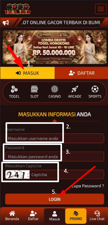 Tutorial login TiaraToto - klik Masuk, isi username, password, captcha, lalu Login