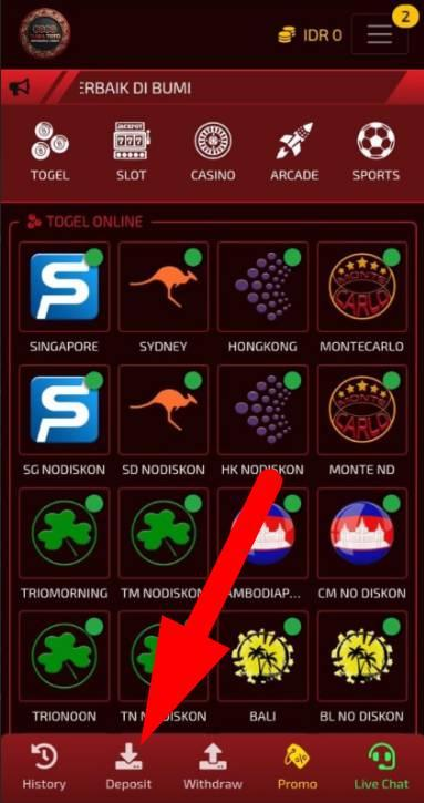 Tutorial deposit TiaraToto - klik menu Deposit di bagian bawah
