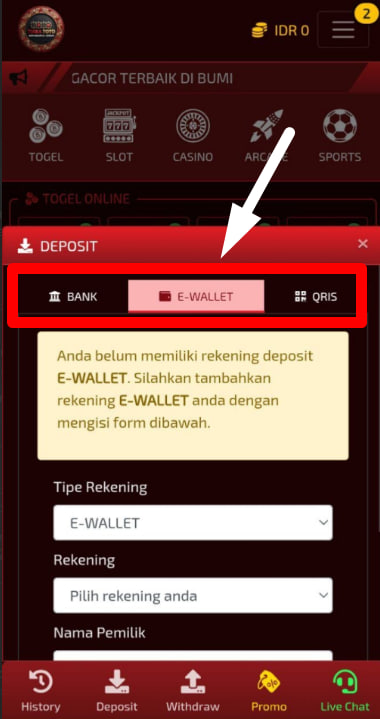 Tutorial deposit TiaraToto - pilih metode BANK, E-WALLET, atau QRIS