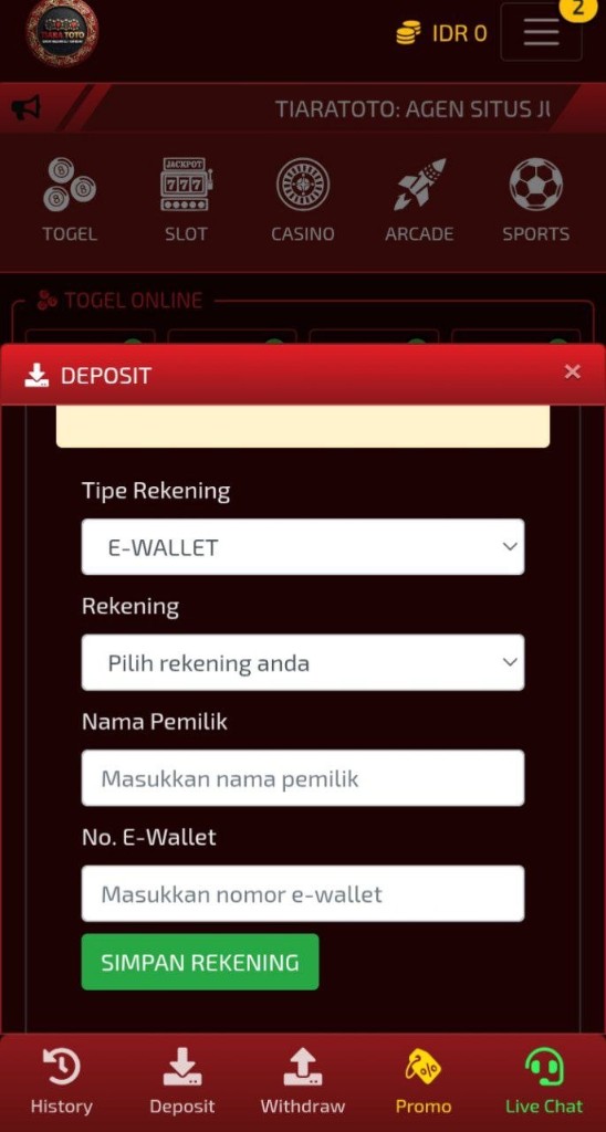 Tutorial deposit TiaraToto - tambah rekening E-Wallet