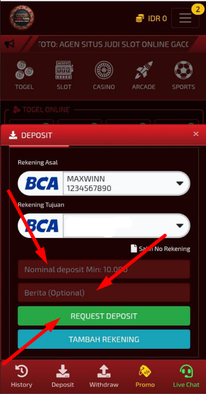 Tutorial deposit TiaraToto - isi nominal, berita, lalu Request Deposit