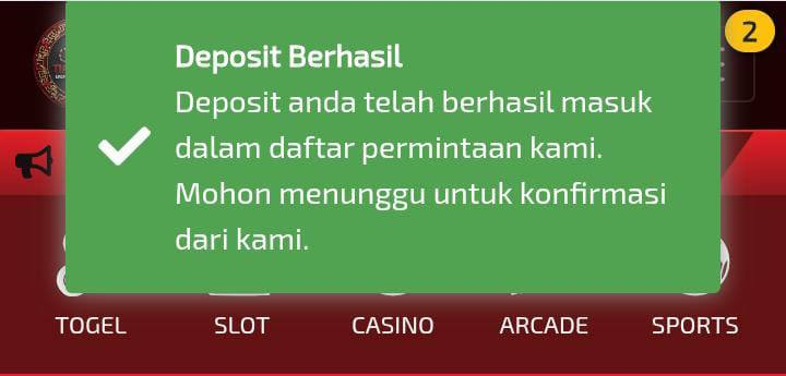 Tutorial deposit TiaraToto - notifikasi Deposit Berhasil
